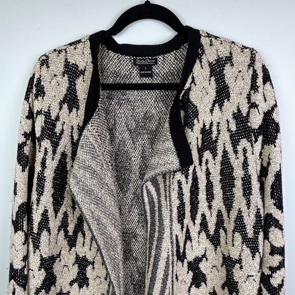 Lucky Brand Bali Cardigan Knit Open Front Draped Sweater Aztec Pt Black Cream L - Picture 2 of 14